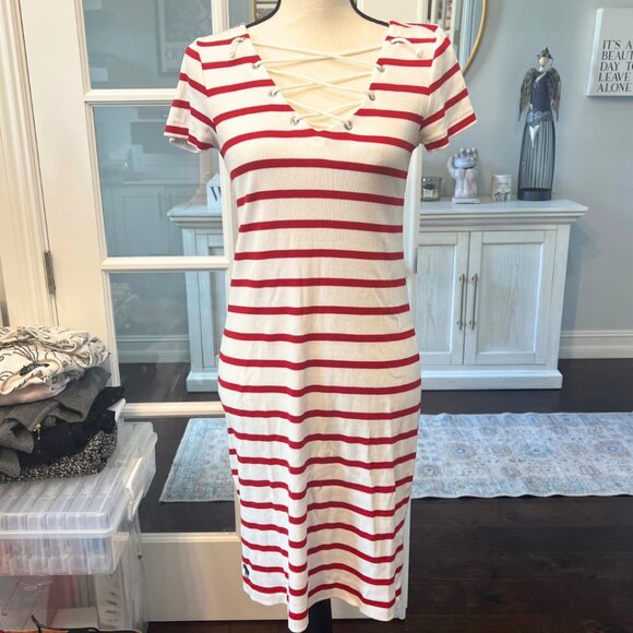 Ralph Lauren Sport Red White Striped Cord Tie V Neck Nautical Dress S - Picture 1 of 5